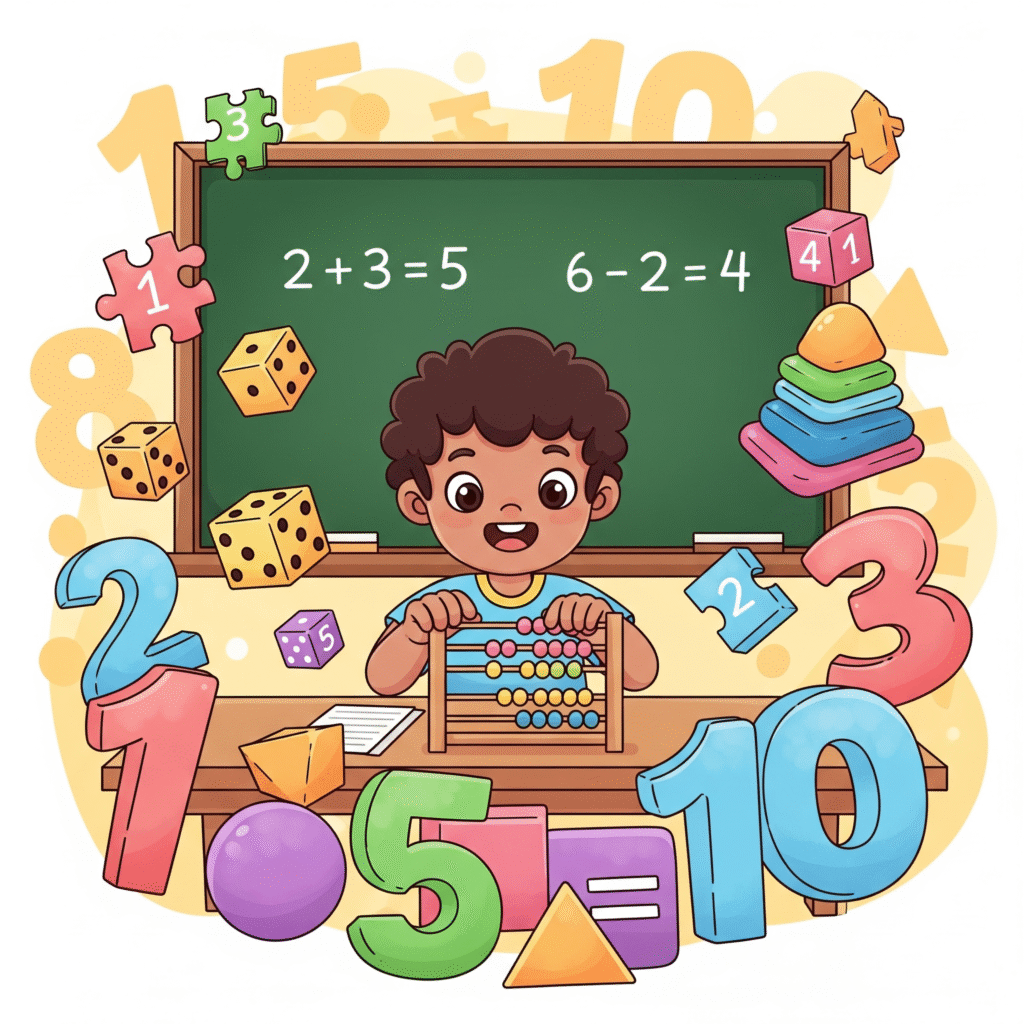 Engaging cartoon of a child solving basic math with colorful numbers, shapes, and an abacus. Blackboard showing simple addition (2+3=5) and subtraction (6-2=4). Playful elements like dice, cubes, and puzzles floating around to represent fun with numbers