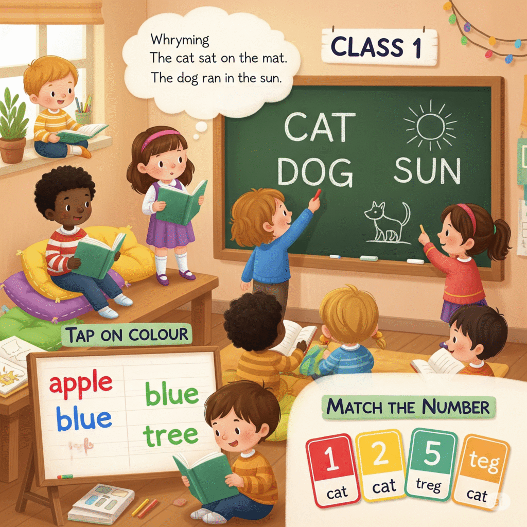 Class 1 English course with kids learning words, rhymes, and vocabulary through fun games.