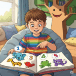 Class 1 child learning numbers through storybook animals.