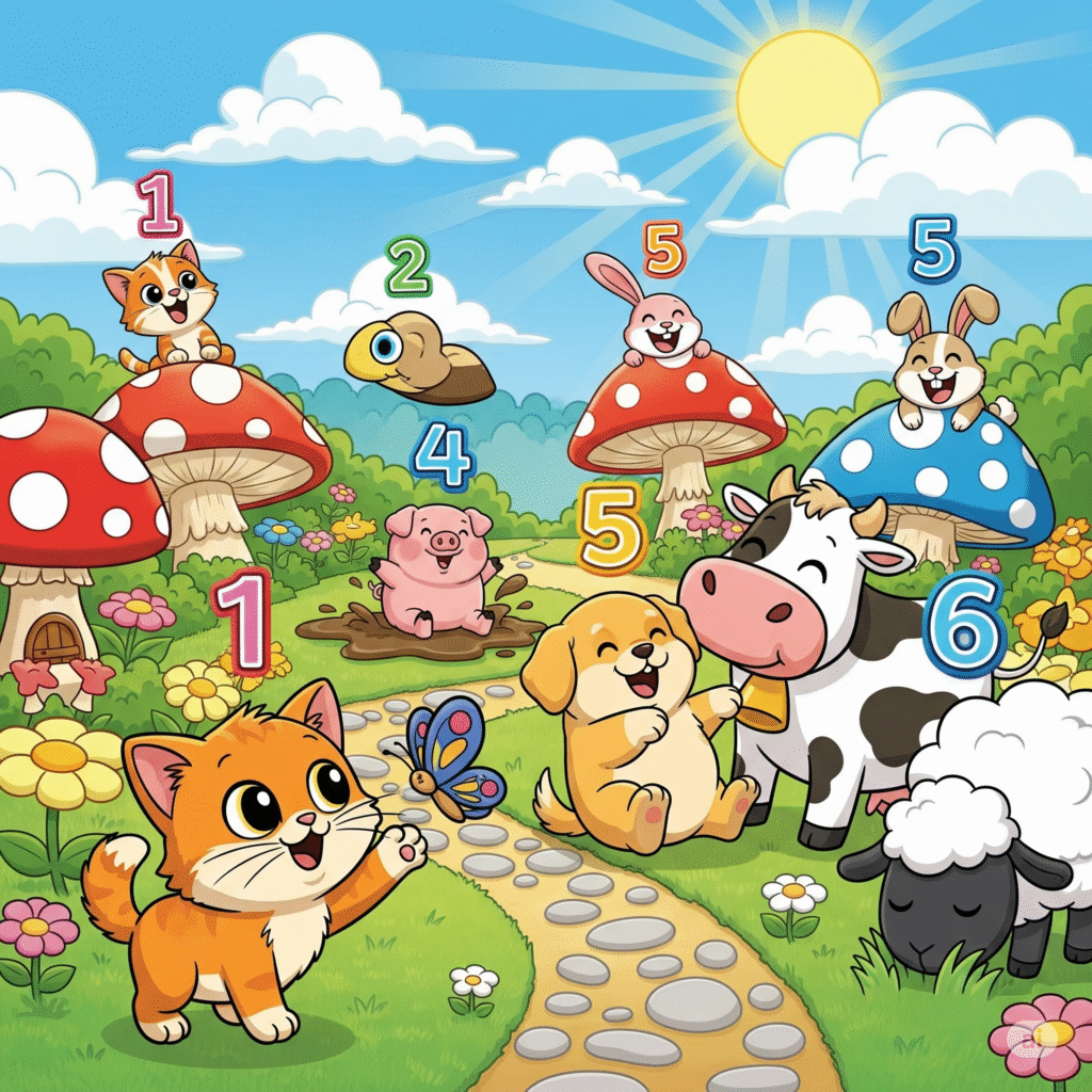 Cute kitten, dog, cow, and other animals with numbers – Class 1 English counting poem illustration