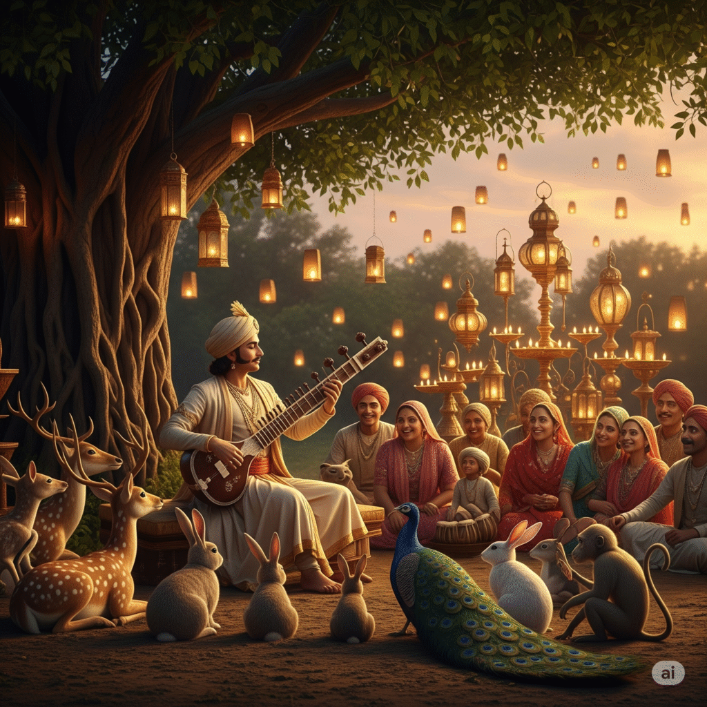 Tansen playing magical music calming people and animals.