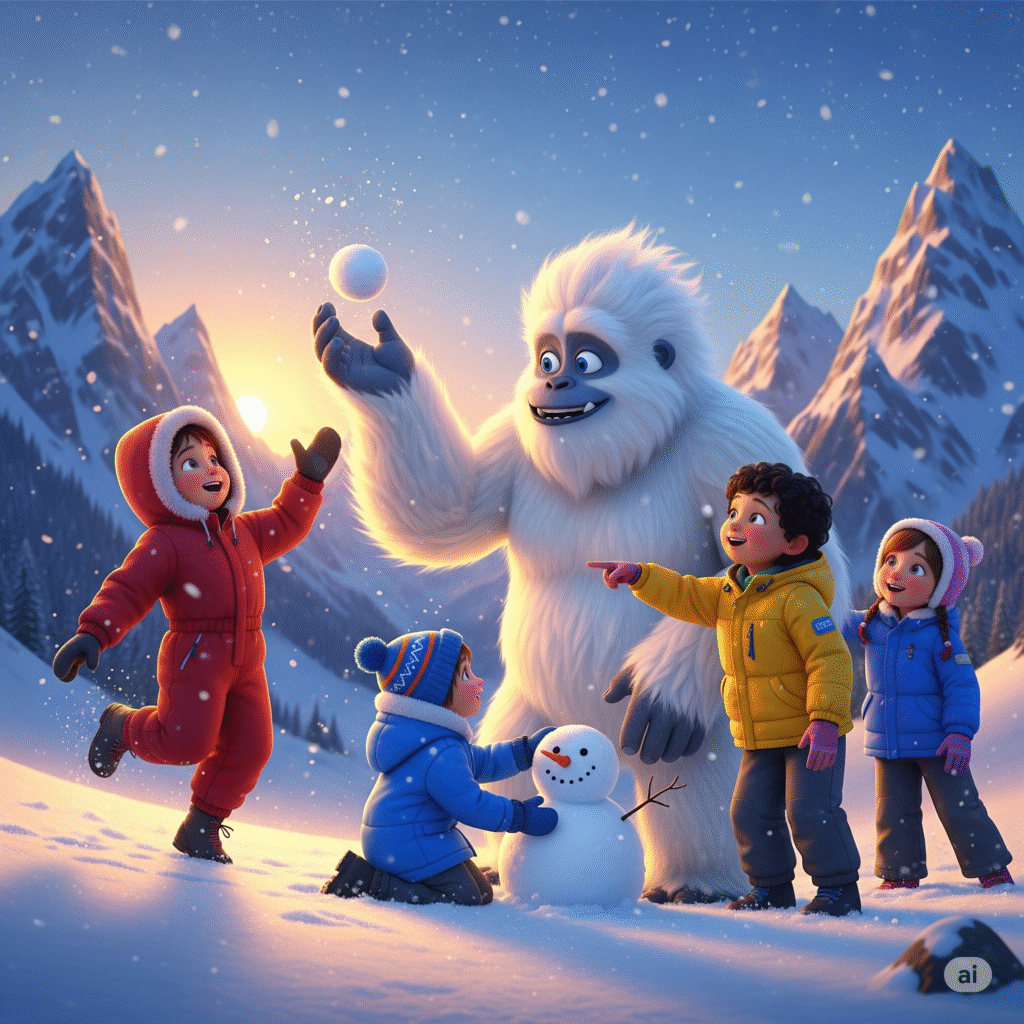 Yeti with children in snowy mountains.