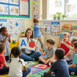 eacher guiding Class 1 students in phonemic awareness by connecting alphabet letters with sounds and pictures