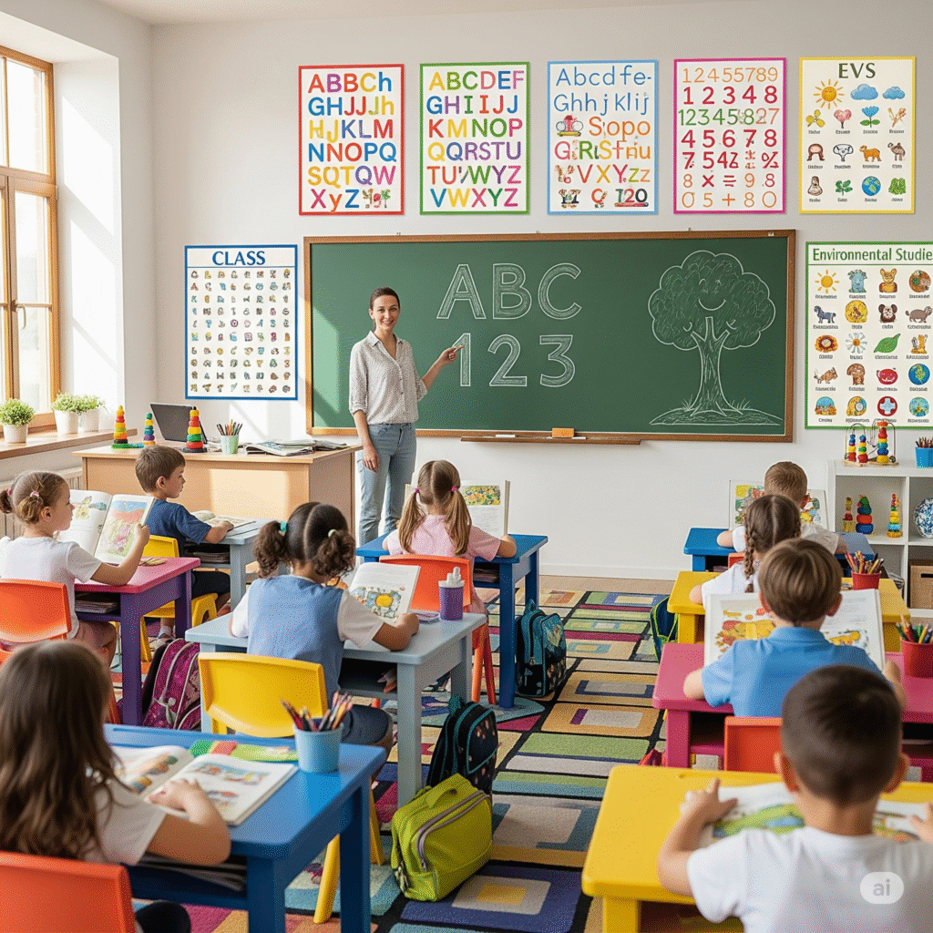 Colorful classroom with kids learning English, Math, and EVS in a fun way.