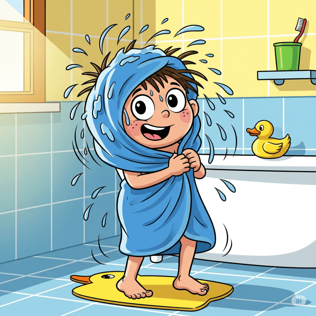 Child drying after a bath, shaking off water like a puppy – Class 1 English poem illustration