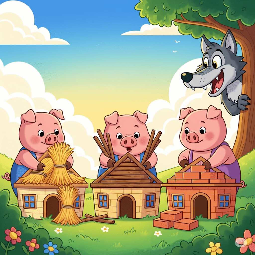 Three little pigs building houses with straw, sticks, and bricks, playful wolf nearby – Class 1 English story illustration