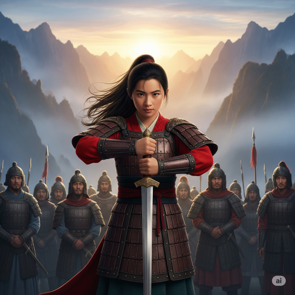 Mulan dressed as a soldier showing bravery and responsibility.