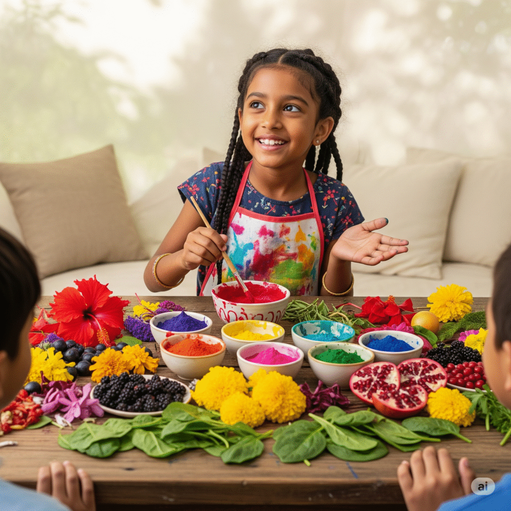 Veena making natural colors using flowers and fruits. and learning class 1 english