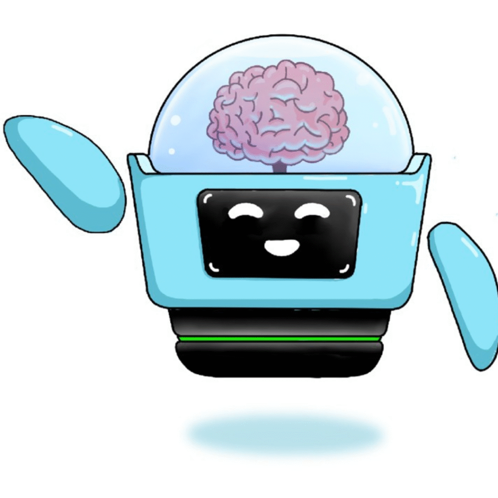 Cute cartoon Focus Fun robot pointing at a screen, inspiring kids to explore learning games