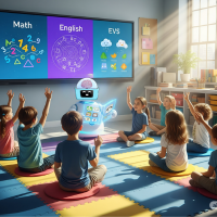 Happy Class 1 children learning Math, English, and EVS with a friendly educational robot in a futuristic classroom – showcasing the future of gamified Class 1 subjects.