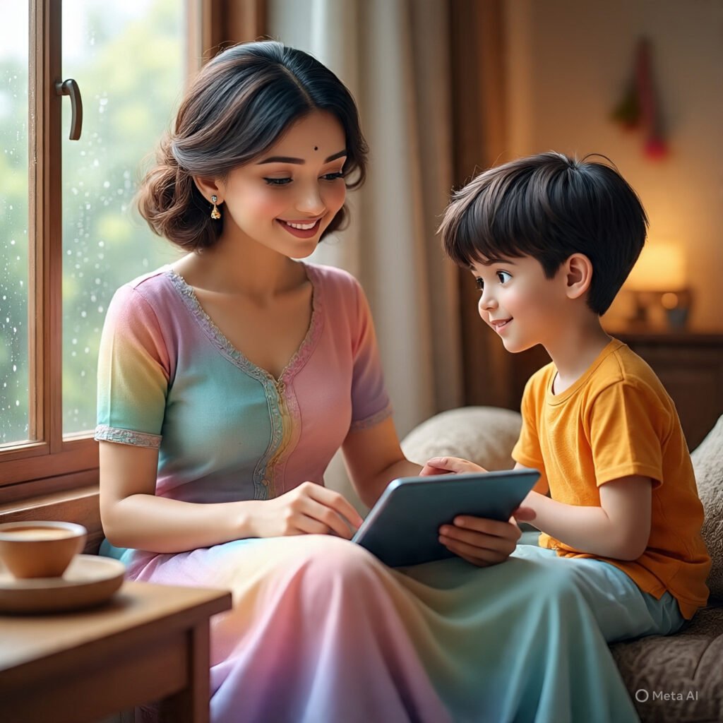 Happy parent watching child learn Class 1 English on mobile