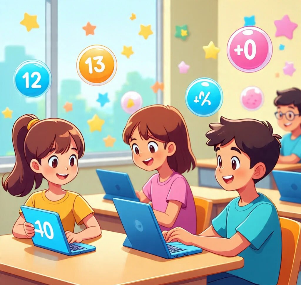 Children playing fun online math games on tablets and laptops with floating colorful numbers.