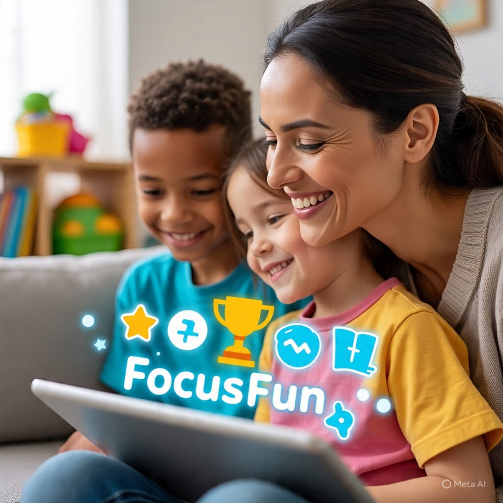 Parent and child using the FocusFun App together on a tablet in a happy home setting.