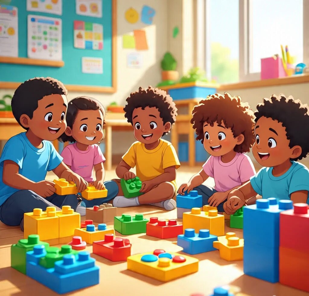 Children learning through play with puzzles and building blocks in classroom