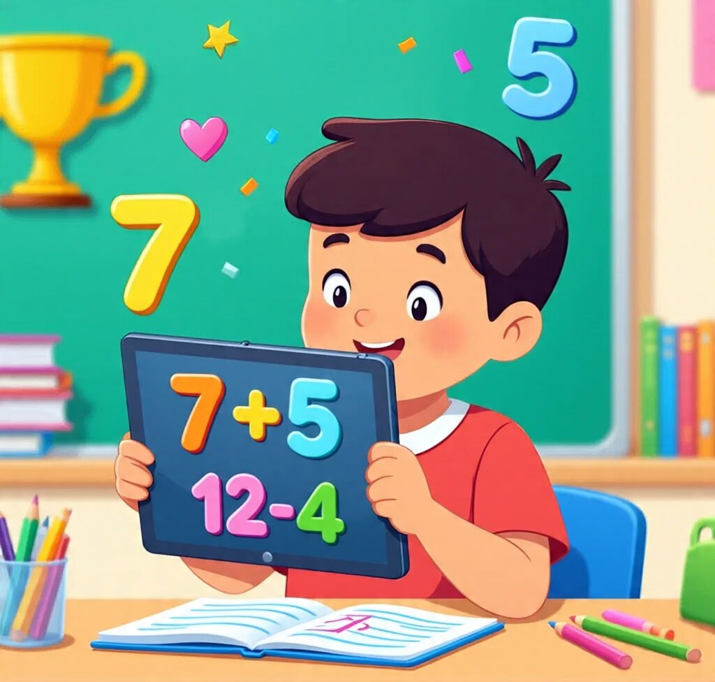 Kids enjoying different online math games.