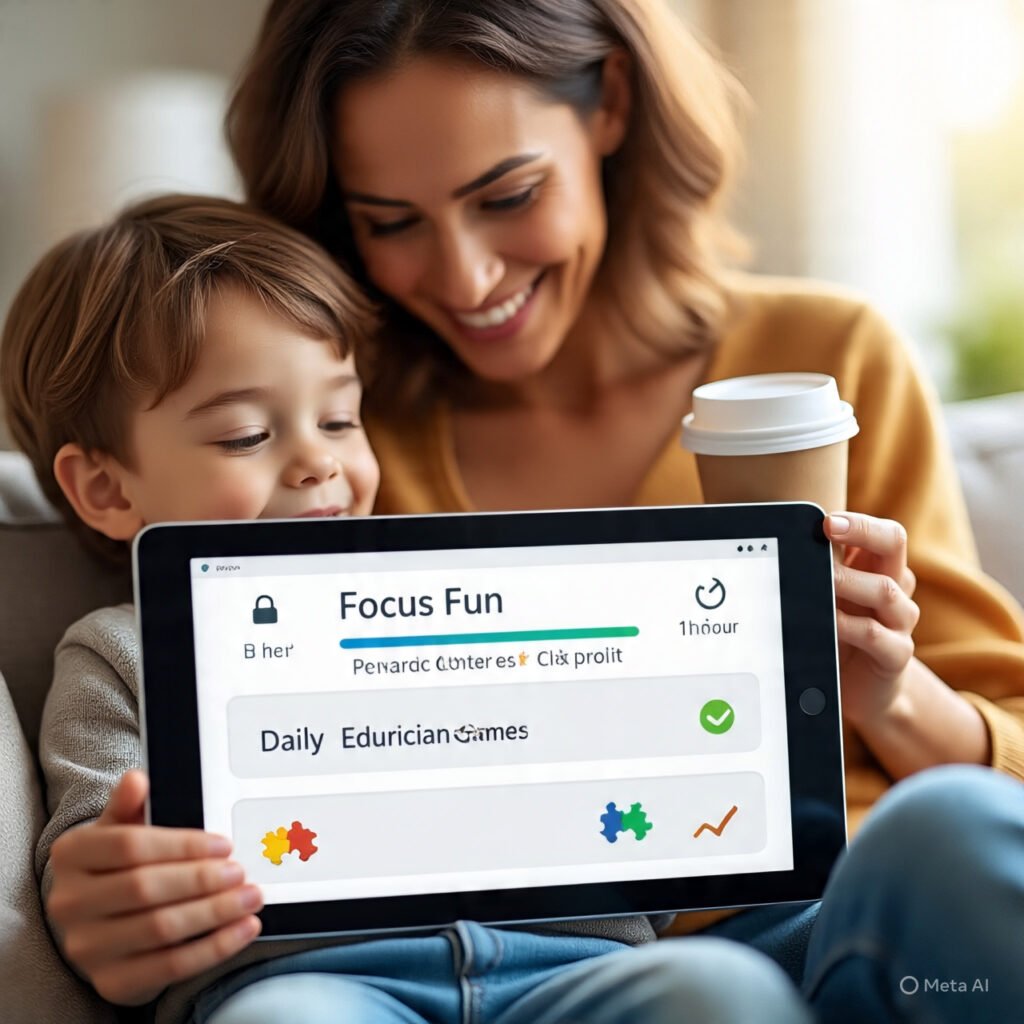 Parent and child enjoying Focus Fun gamified screen time app with visible parental controls, rewards, goals, and progress tracker