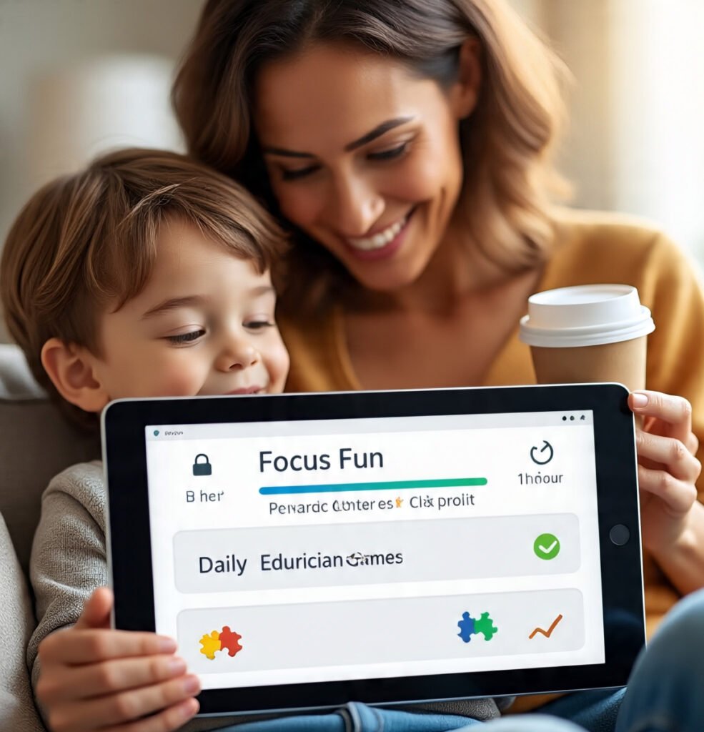 Parent and child enjoying Focus Fun gamified screen time app with visible parental controls, rewards, goals, and progress tracker