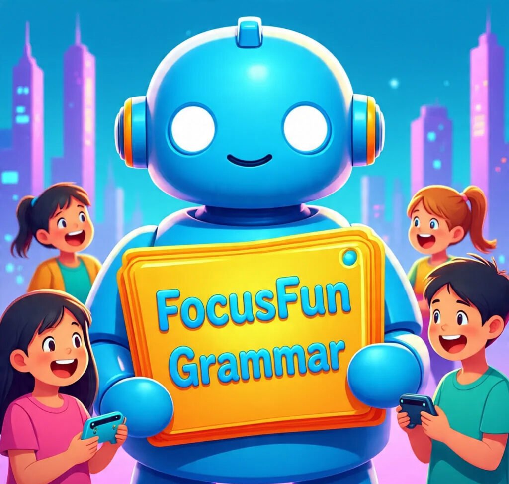 FocusFun mascot helping kids learn grammar in a fun way.