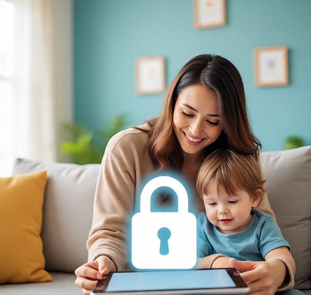 Mother using parental block to guide her child’s screen time in a safe and happy way.