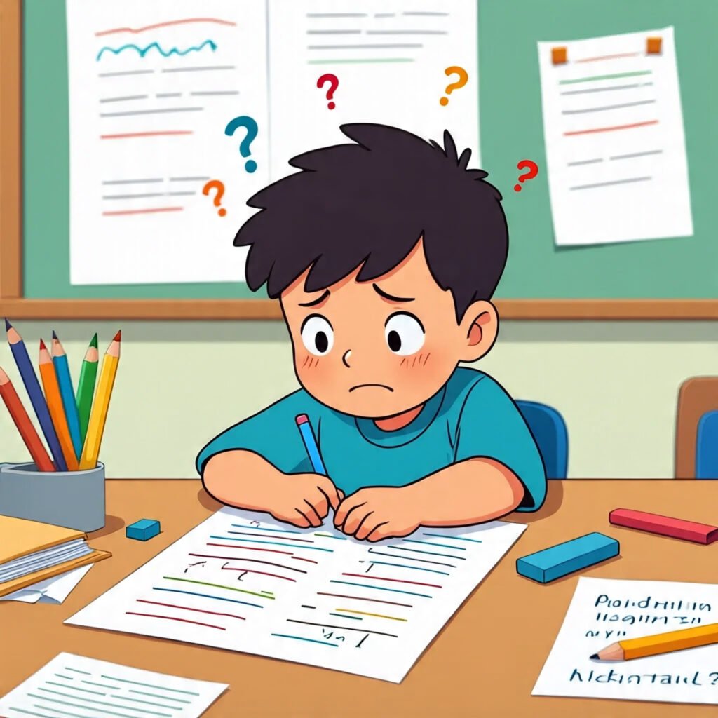 Child struggling to understand grammar rules.