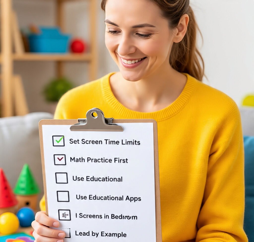 Parent holding a checklist with practical steps to balance kids' screen time and math practice.