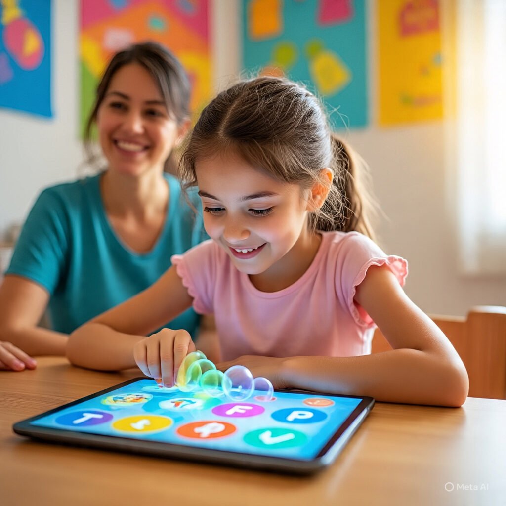 Child playing vocabulary bubble click game at home.