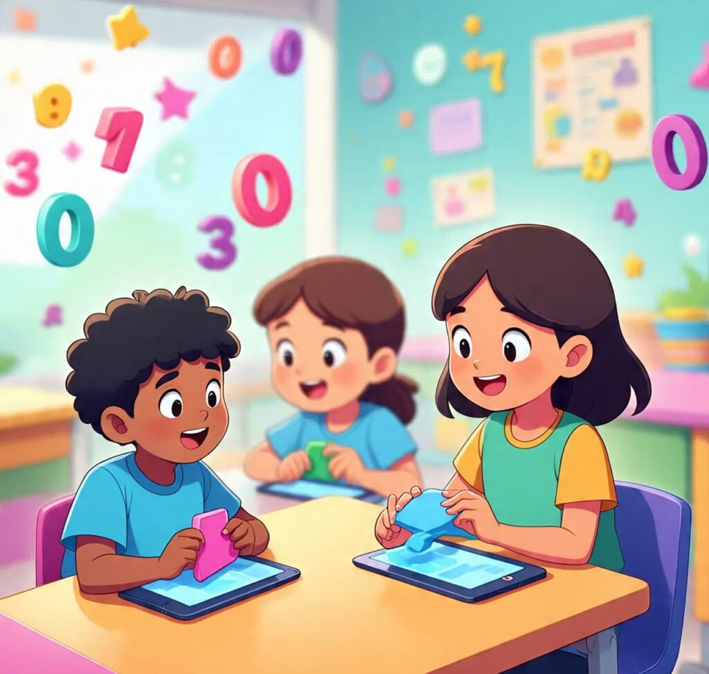 Children playing fun online math games on tablets with colorful numbers and shapes.