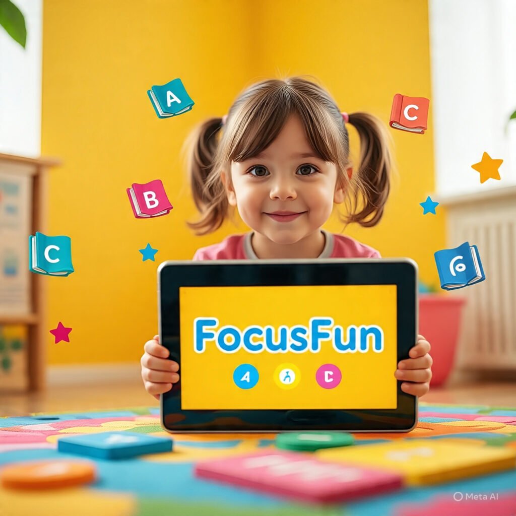 Smiling child playing an English learning game on the FocusFun App.