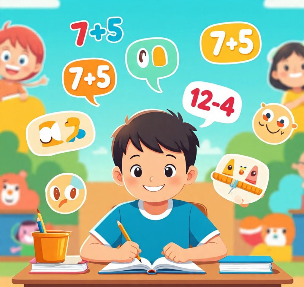 Child learning addition and subtraction with free online math games, smiling while practicing math.
