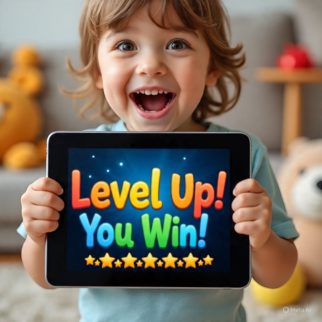 Child celebrating learning success on a math app.