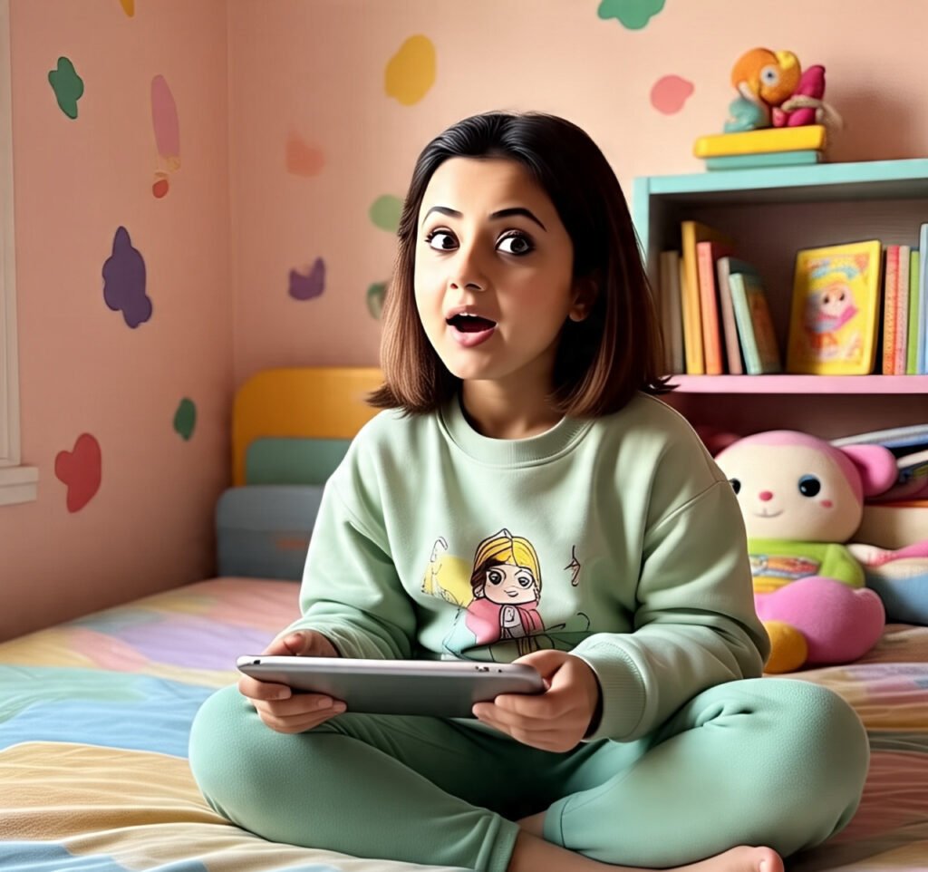 Child excitedly using Android tablet in the morning.
