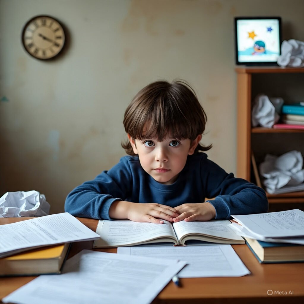 Overwhelmed child ignoring homework while noticing a glowing tablet with fun learning visuals.