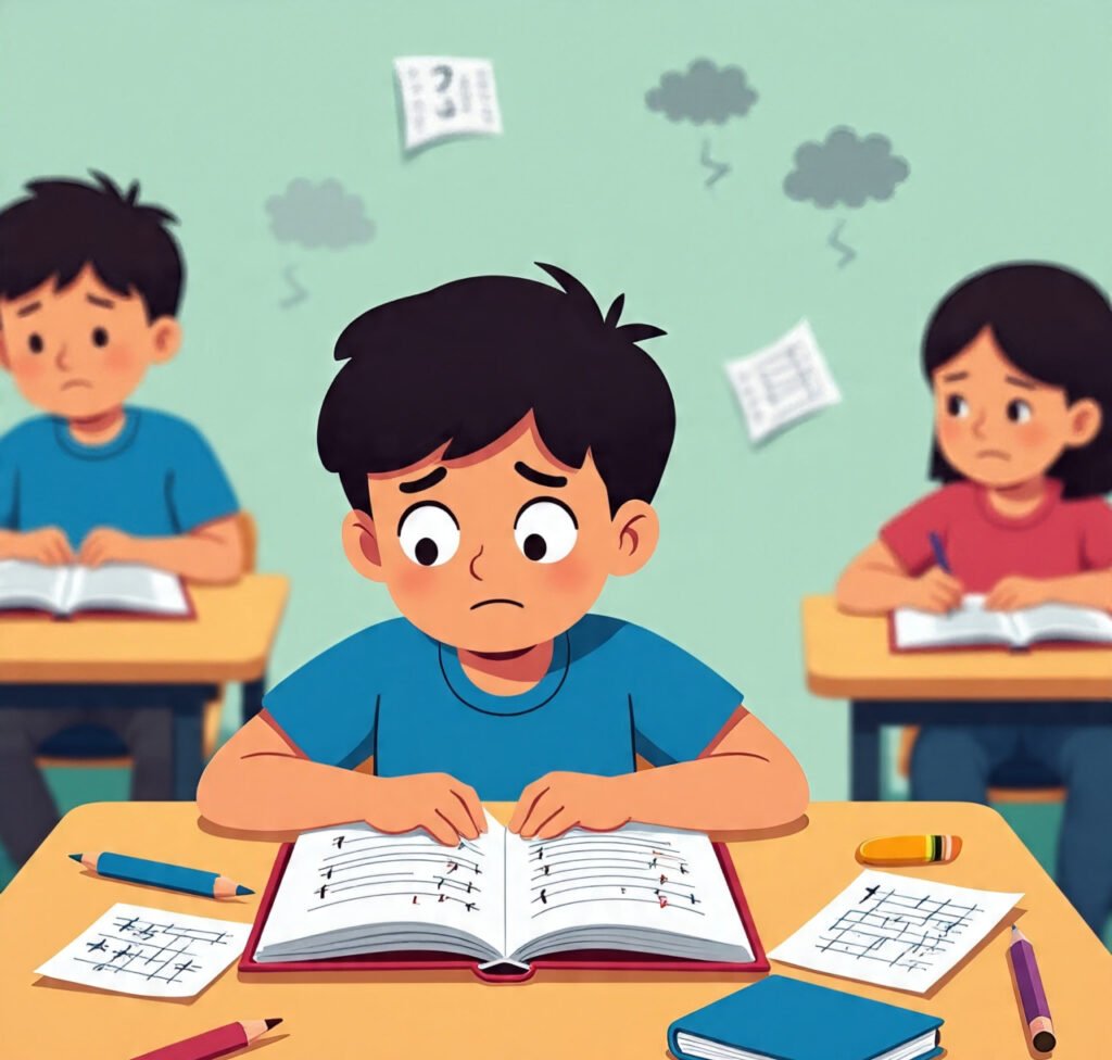 Bored and confused children struggling with math homework without interactive games.