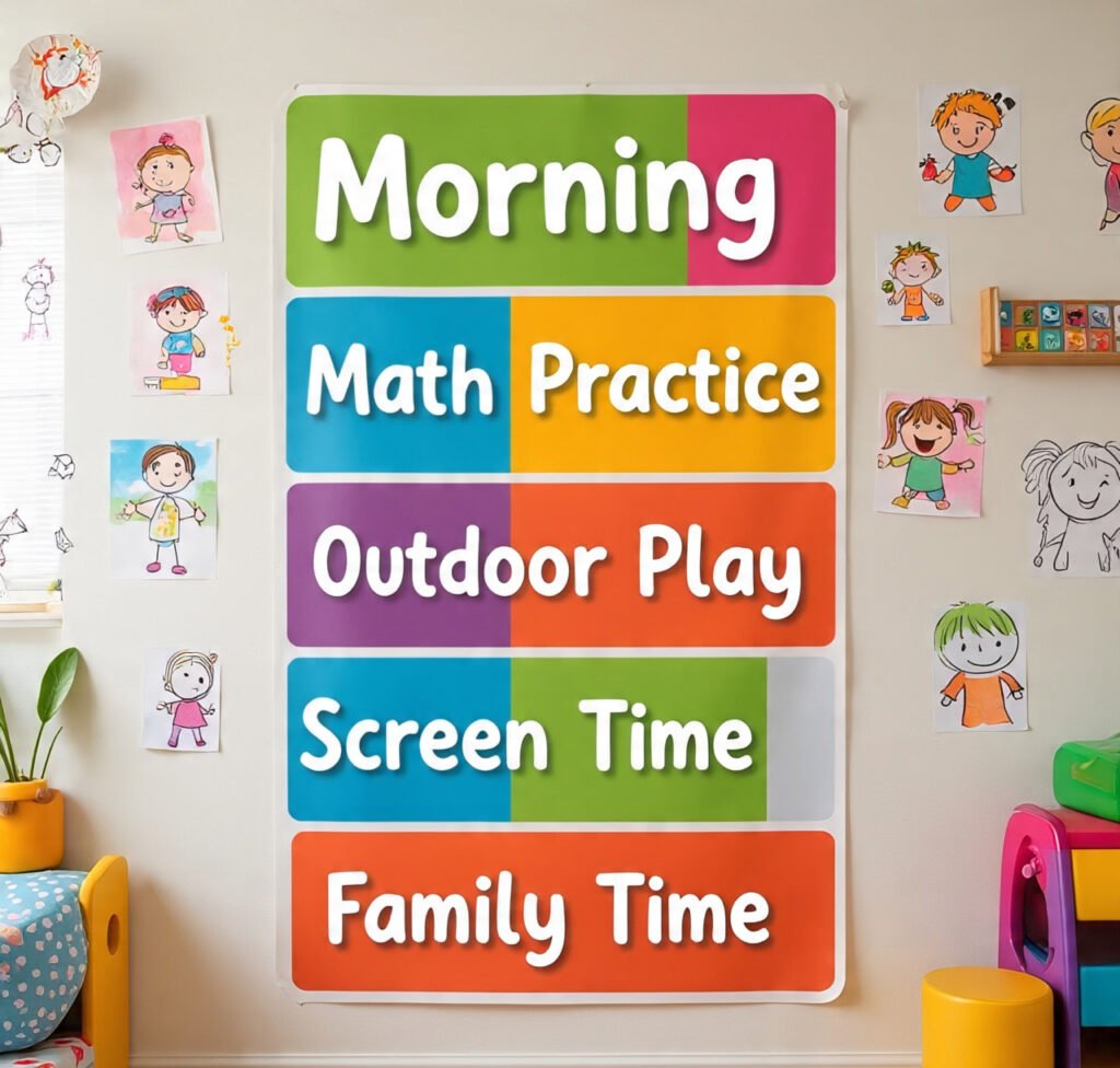 A bright and colorful daily routine chart balancing math, play, and screen time.