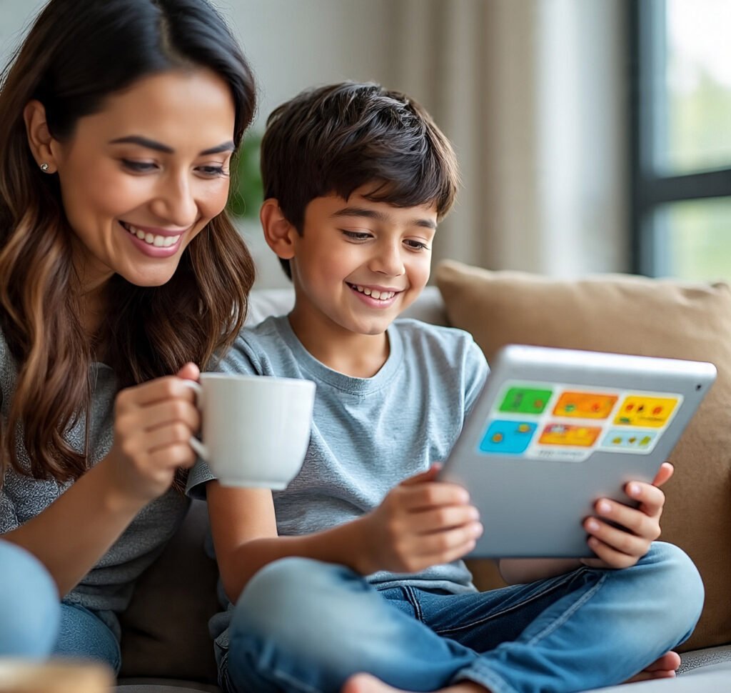 Mother smiling as young boy plays colorful educational game on tablet