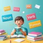 Child learning kids grammar with nouns, verbs, and pronouns in a fun way.