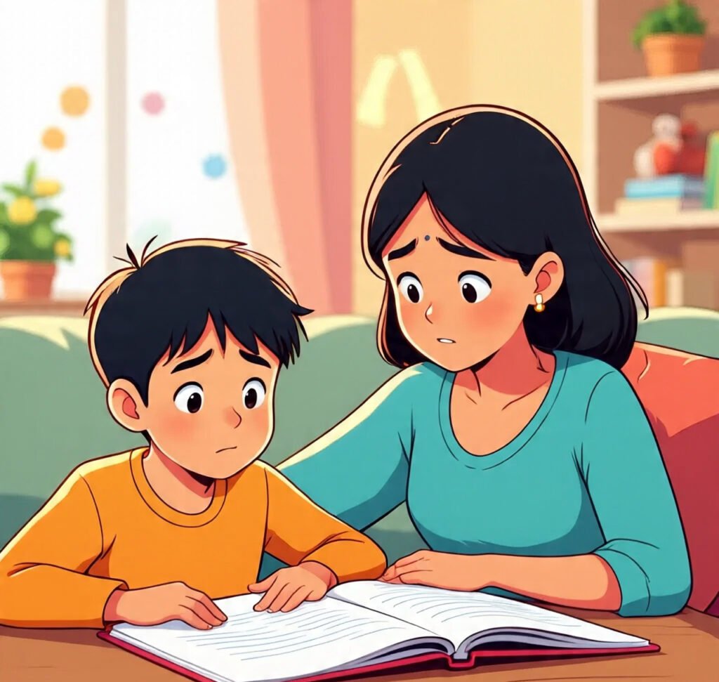 Boy struggling with grammar homework with his mother.