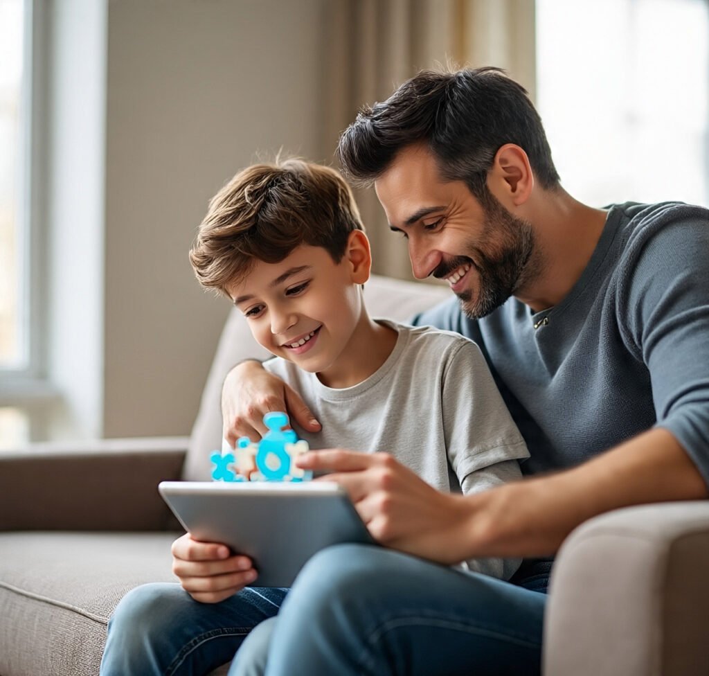Father and son happily playing a math puzzle game together on a tablet.