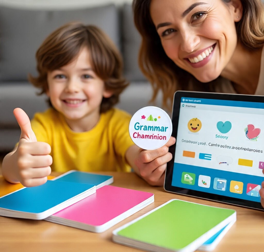 Parent encouraging Kids Love Grammar learning tools and rewards.