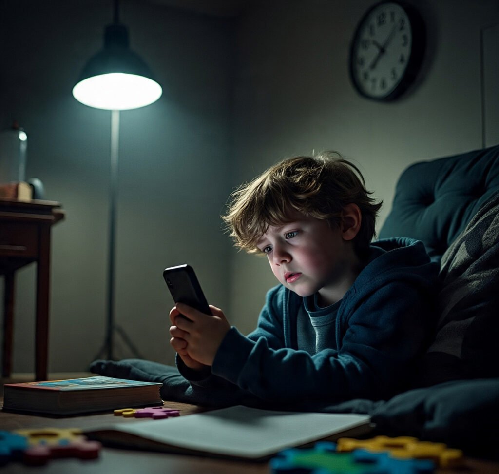 Frustrated child using a device late at night with untouched homework nearby.