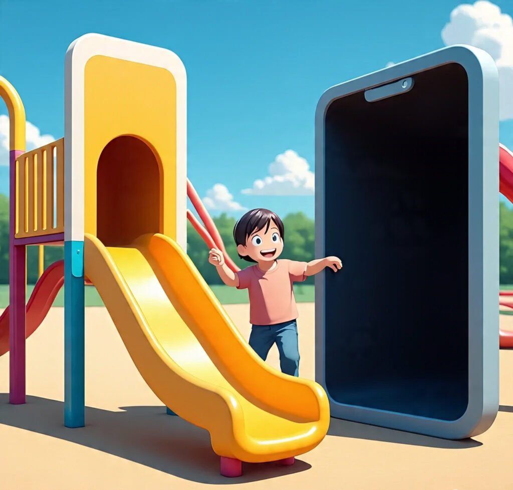 Parent guiding child in digital playground.