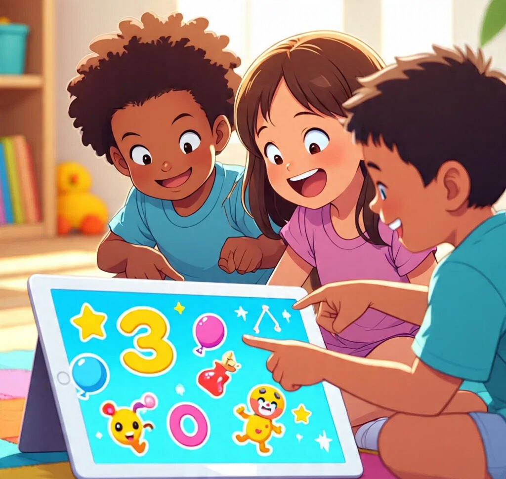 Kids enjoying easy math games online with bright numbers and animated characters.
