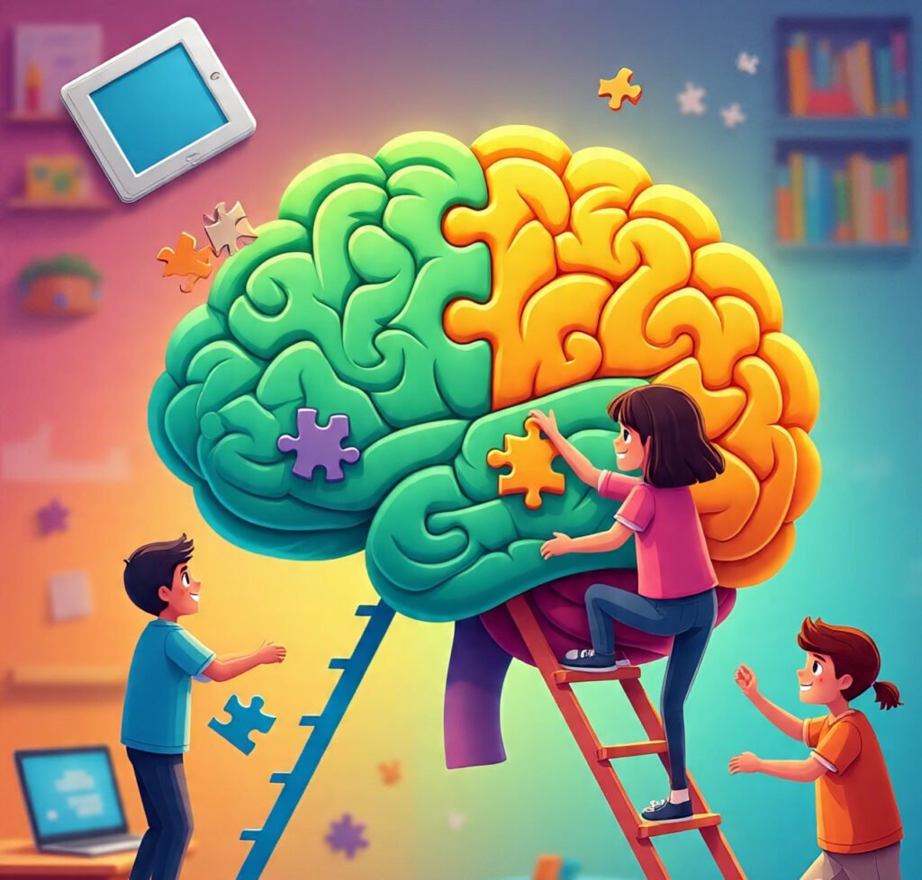 Illustration of kids building a glowing brain with puzzles and educational tools.