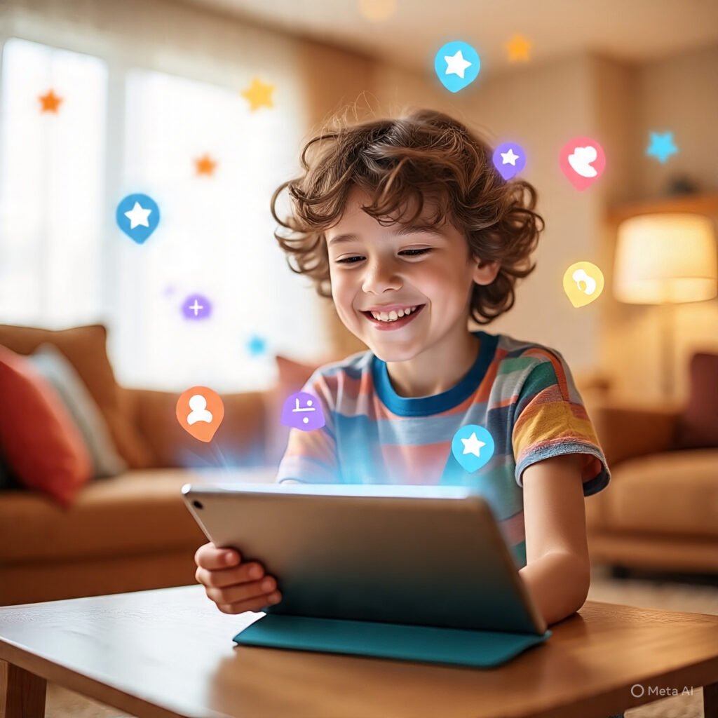 Happy child winning reward on a tablet through gamified screen time app.
