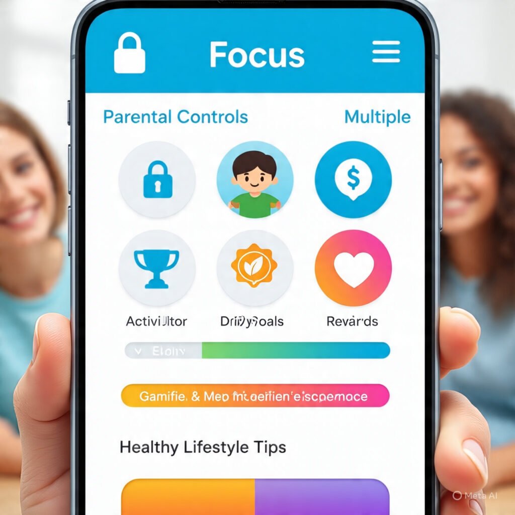 Focus Fun mobile app interface showing parental controls, multiple profiles, activity monitor, daily goals, rewards, and gamified progress tracker in a colorful, kid-friendly design.