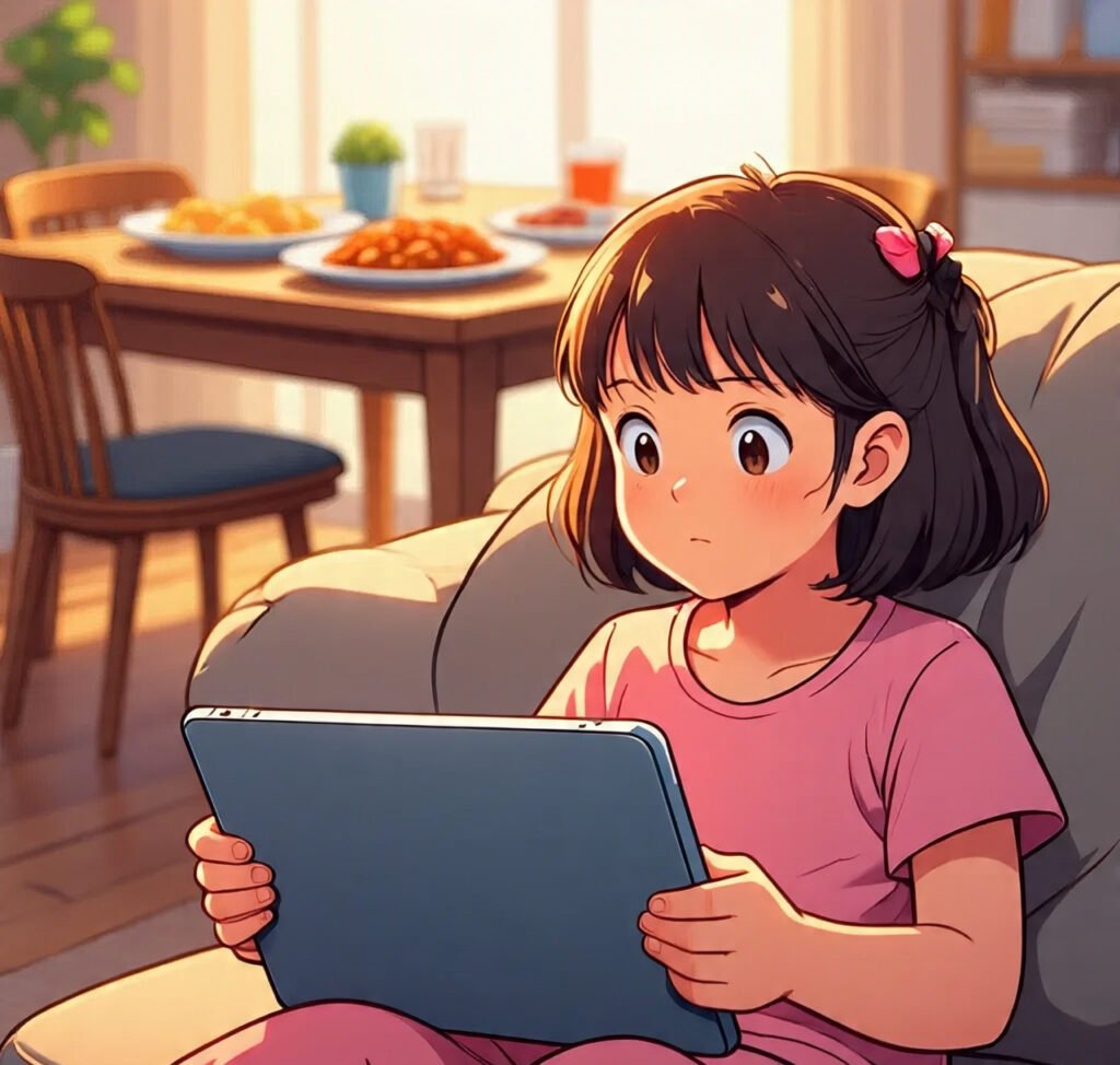 Girl using tablet while ignoring dinner with her mom.