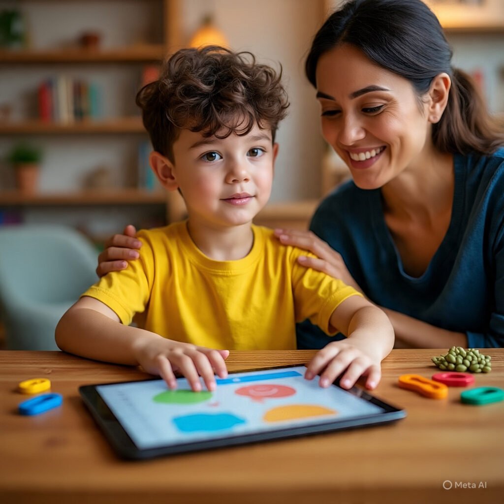  Parent guiding child in science learning at home.