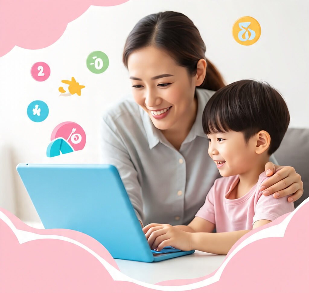 Parent watching child play online math games, supporting learning.