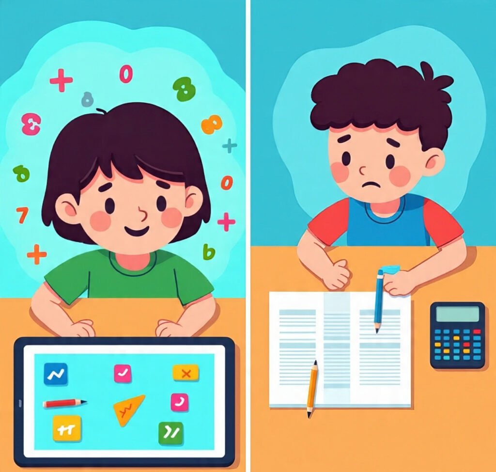 Common misconceptions about online math games: fun learning vs. traditional struggle.