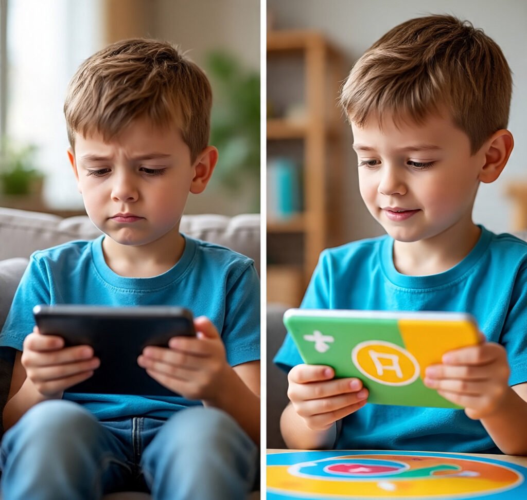 Comparison of a child playing mindless games and another using an educational math app.